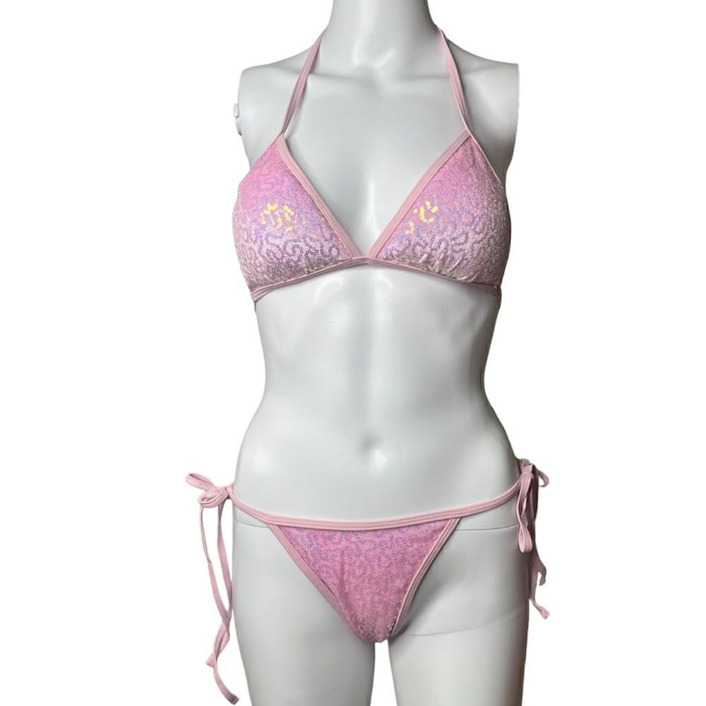 Terry Cloth and Sequin String Bikini Pink Size Medium